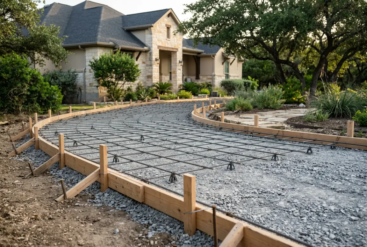 Steel reinforcing grid laid inside wood forms for a new curved driveway