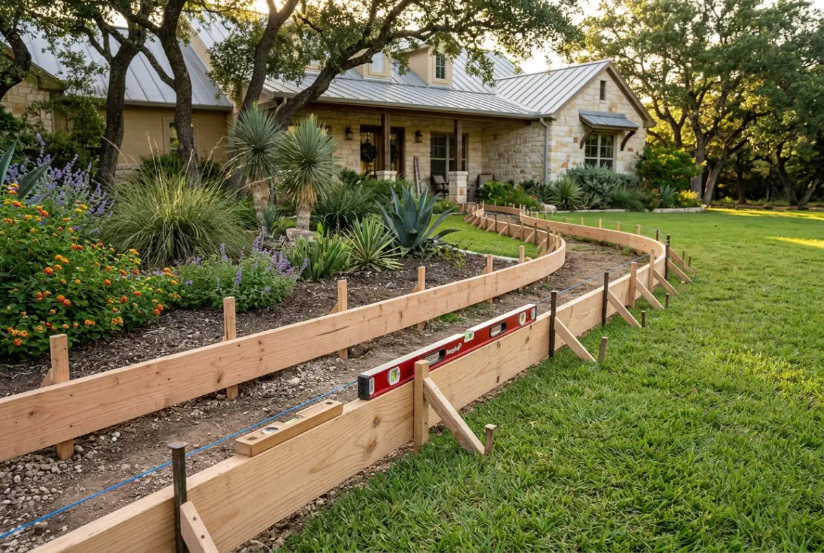 Wood forms and stakes set in a curve for a new garden walkway